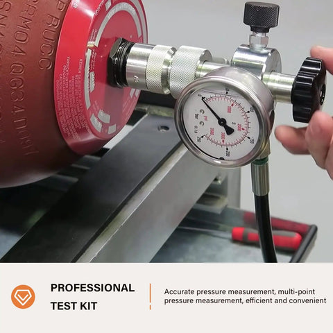 Hydraulic Nitrogen Accumulator Pressure Test Kit With 3 Gauges And 7 Adapters For 10 25 40 MPa And 1500 3600 6000 PSI Gas Charging Tools Pro Grade Multitool For Nitrogen Charging And Pressure Testing in use, focusing on gauge reading.