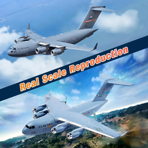 Two views of C17 Globemaster III RC Plane Ready To Fly 2.4 GHz Remote Control Aircraft With 6 Axis Gyro Stabilizer in flight