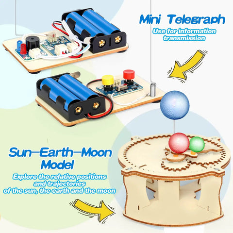 Five In One STEM Kit For Kids Ages 8 To 12 showing mini telegraph and Sun-Earth-Moon model sections