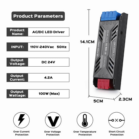 24V 100W LED Power Supply Driver Transformer From 120V AC To 24V DC 4.2A Constant Voltage Not Dimmable Ultra Slim Aluminum Case For Indoor Strip Lights And Cabinet Lighting, 14.1cm