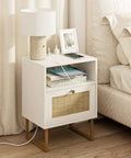 Rattan Boho Nightstand With Charging Station Dope Space Saving Farmhouse Wood Bedside Table With Storage Drawer And Open Shelf Gold Frame End Table For Bedroom Living Room Office White next to bed
