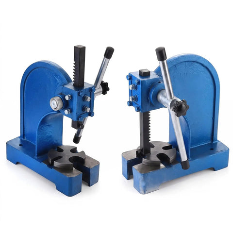 Rock Solid Heavy Duty Manual Arbor Press With Cast Iron Frame And Steel Ram for precision punching and inserting, blue color set.