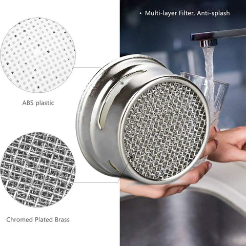 Close-up of Six Pack Universal Bathroom Sink Faucet Aerator Replacement Set Crafted From Top Notch Chrome Plated Brass with anti-splash filter.