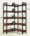 Five Tier Corner Bookshelf Sturdy Metal Frame 14 Inch Tall Shelves Plant Stand Storage Rack Vintage Brown side view with measurements.