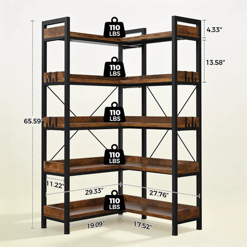 Five Tier Corner Bookshelf Sturdy Metal Frame 14 Inch Tall Shelves Plant Stand Storage Rack Vintage Brown side view with measurements.