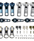 Zipper Repair Kit 39 Piece Set With Size Five Sliders And Pulls Metal Zippers Retainer Box Insertion Pins Top And Bottom Stops