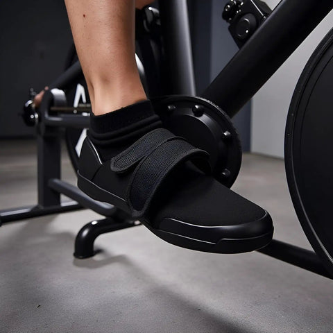 Cyclist wearing Two Pack Black Beam Strap Pedal Straps For Fixed Gear Bikes And Cleats on a stationary bike
