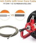 75Ft Electric Drain Auger Machine Auto Feed Snaking Tool For 2 To 4 Inch Pipes showing premium steel drain cable and auger.