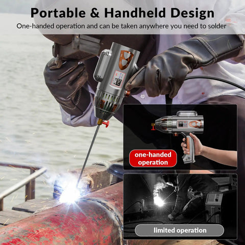 User welding metal pipe with Portable 140A 110V Handheld Arc Stick Welder Inverter Gun For Home DIY Projects Lightweight Under 8 Lbs DC Stick Welding