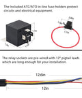 Two Pack 12V Automotive Five Pin SPDT Relays With Interlocking Relay Sockets And Inline ATC Fuse Holders High Current Thirty And Forty Amp Bosch Style Prewired Leads For Easy Plug And Play Setup Twelve Inch, showing dimensions and cable details.