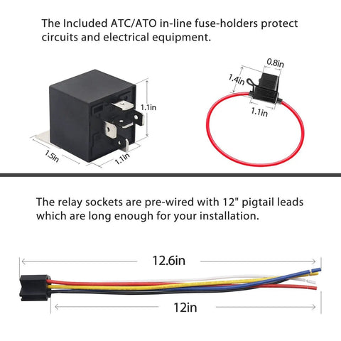 Two Pack 12V Automotive Five Pin SPDT Relays With Interlocking Relay Sockets And Inline ATC Fuse Holders High Current Thirty And Forty Amp Bosch Style Prewired Leads For Easy Plug And Play Setup Twelve Inch, showing dimensions and cable details.