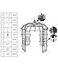 Assembly diagram of 7 Ft Garden Arch With Gate, Classic Black Finish, Tough Iron Arbor for climbing roses, showing parts list