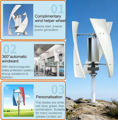 8000W 24V 3-Blade Portable Vertical Wind Turbine Kit With Helix Rotor, white blades, outdoor installation on rocky terrain