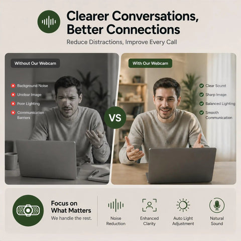 Comparison image showing benefits of Crisp 1080P Webcam With Built In Noise Canceling Mic and Slide Privacy Cover for video calls.