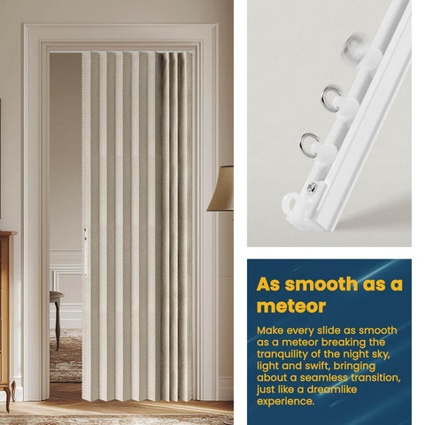 100 Percent Blackout Accordion Door Curtain For Sliding Glass Doors in cream white installed in doorway with track system.