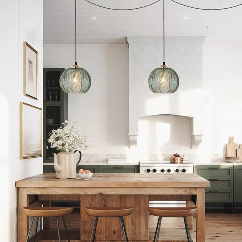 Green Glass Plug In Pendant Light With Cord Hand Blown 8.66 Inch Ribbed Glass Shade in a stylish kitchen setting.