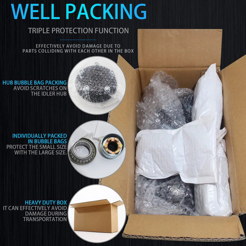 Open box showing bubble-wrapped 2 Pack Trailer Hub Kit 5 On 5 For 3500 Lb Axles, includes dust caps and rubber plugs.