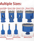 Blue 8-piece diamond hole saw drill bit set with diameters ranging from 6 to 68 mm