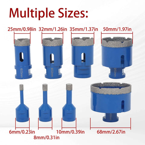 Blue 8-piece diamond hole saw drill bit set with diameters ranging from 6 to 68 mm