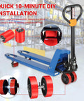 Heavy Duty Pallet Jack Wheel Replacement Kit With Dual 7x2 Steering Wheels And 3x3.75 Front Load Rollers, shown in use.
