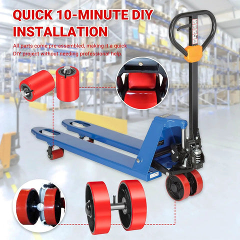 Heavy Duty Pallet Jack Wheel Replacement Kit With Dual 7x2 Steering Wheels And 3x3.75 Front Load Rollers, shown in use.