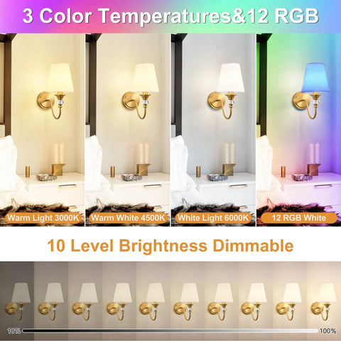Battery Operated Wall Sconces Set of 2 with 3 color temperatures and dimmable brightness displayed on wall.