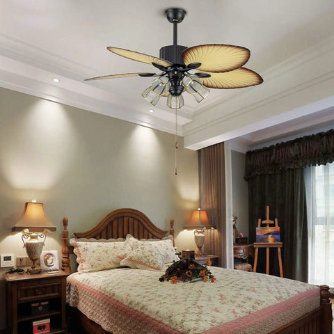 52 Inch Tropical Ceiling Fan With Light And Remote Control Palm Leaf Blades With 5 Glass Lampshades Dope Palm Leaf Vibe