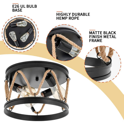 Industrial Three Light Farmhouse Ceiling Fixture with rope shade, showcasing E26 bulb base and rustic black metal frame
