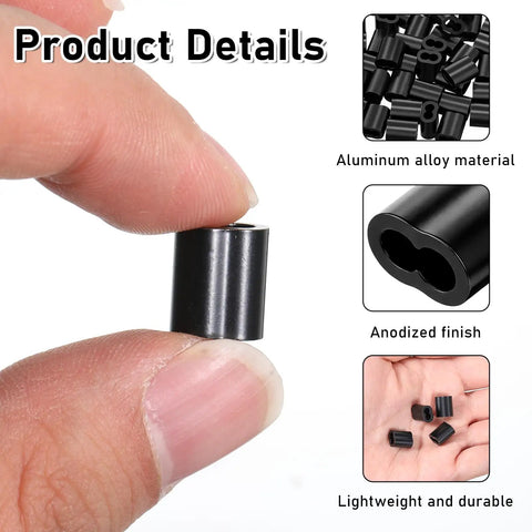One Eighth Inch Aluminum Crimp Loop Sleeve Set Black Cable Ferrule For Wire Rope Crimps M3 50 PCS Rust Resistant Aluminum Durable Easy Crimp Heavy Duty Build For DIY Projects Repairs Fishing Camping Cables, black anodized sleeve held between fingers