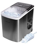Portable Stainless Steel Countertop Ice Maker Machine That Whips Up To 26 Pounds Of Fast Freezing Cubes Daily with bullet ice in view.