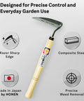 Compact Hand Weeding Sickle shown with twisted blade, composite steel, and wooden handle, labeled for precise weed removal.