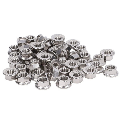 Fifty-Piece Flange Nut Set For Automotive And Machinery, Stainless Steel A2-70 DIN 1587 Locking Nuts, pile view