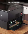 xTool P2 riser base for CO2 laser cutter; black metal with pull-out front tray, dimensions 485mm W by 173mm D by 176mm H