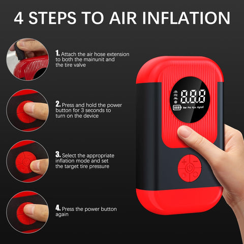 Steps to use All In One Portable Tire Inflator And Jump Starter Kit With LED Light, Auto Stop, And Pressure Gauge, Cordless Air Pump