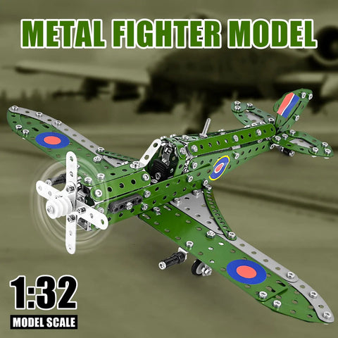 Build Your Own Hurricane Fighter Plane Kit With 331 Metal Parts In 1:32 Scale, green metal airplane model on display