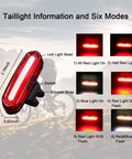 Detailed view of taillight with six flash modes, featuring measurements, LED light bead, and silicone strap for Ultra Bright 1800 Lumen Bike Light With Five Modes, USB Rechargeable Front Headlight And Taillight For MTB Off Road Cycling, IPX5 Waterproof, Long Battery Life For Night Rides And Daily Commutes.