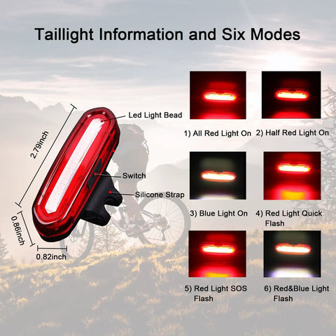 Detailed view of taillight with six flash modes, featuring measurements, LED light bead, and silicone strap for Ultra Bright 1800 Lumen Bike Light With Five Modes, USB Rechargeable Front Headlight And Taillight For MTB Off Road Cycling, IPX5 Waterproof, Long Battery Life For Night Rides And Daily Commutes.