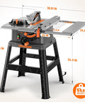 10 Inch Table Saw With Stand, 15 Amp Copper Motor Spins at 5300 Rpm for Badass Cuts through Hardwood, front view showing dimensions and detailed features.