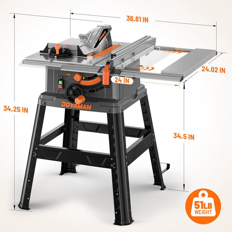 10 Inch Table Saw With Stand, 15 Amp Copper Motor Spins at 5300 Rpm for Badass Cuts through Hardwood, front view showing dimensions and detailed features.