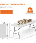 Set Of 2 Six Foot Folding Tables That Are Beast Portable And Heavy Duty Fold In Half Utility Plastic Dining Tables With Carrying Handle For Indoor Outdoor Use Great For Picnics Camping And Parties White - table with dimensions and weight capacity shown