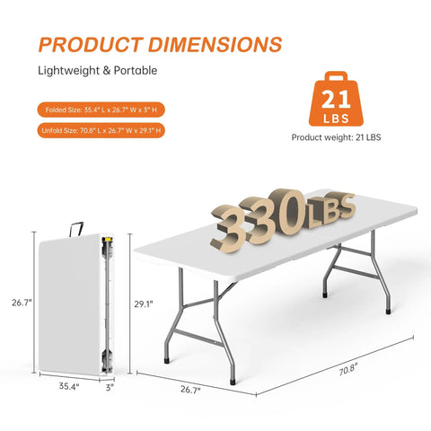 Set Of 2 Six Foot Folding Tables That Are Beast Portable And Heavy Duty Fold In Half Utility Plastic Dining Tables With Carrying Handle For Indoor Outdoor Use Great For Picnics Camping And Parties White - table with dimensions and weight capacity shown