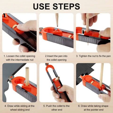 Steps showing Killer Precision Metal Contour Gauge Scribe Tool with twin pencils for tracing irregular outlines on wood.