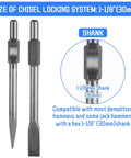 Two steel jack hammer chisels with 1-1/8 in hex shank; pointed and flat concrete chisels.