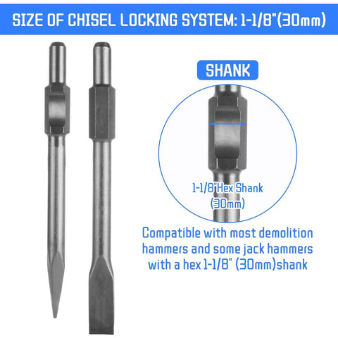 Two steel jack hammer chisels with 1-1/8 in hex shank; pointed and flat concrete chisels.