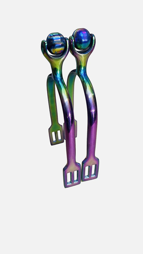 Roller Ball Horse Spurs With Dope Multi Color Stainless Steel Rainbow Finish For English Riding Smooth Roller Ball Lightweight Equestrian