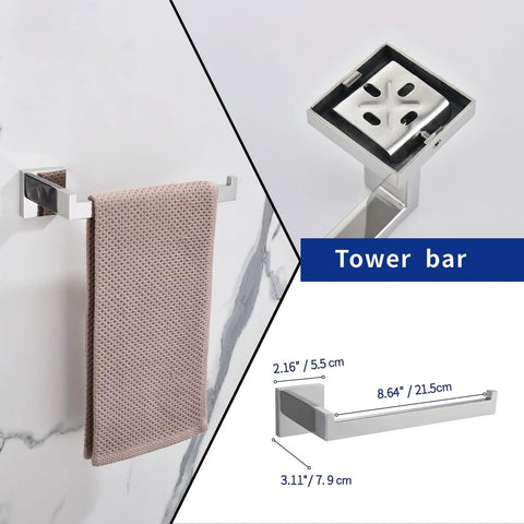 Slick Matte Black 5 Piece Bathroom Hardware Set Stainless Steel Wall Mounted Kit showing 9 inch towel bar details and dimensions.