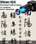 USB Camera 5MP Webcam With 5-50mm Telephoto Manual Focus Lens And 10X Optical Zoom Perfect For Close Up And Distant Shots image featuring close-up Chinese text at 8x to 10x zoom showing lens in focus.
