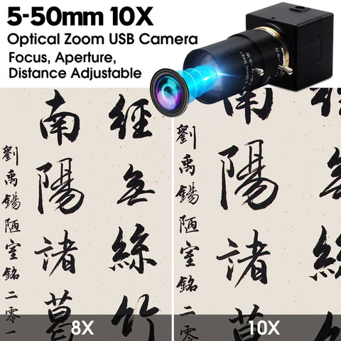 USB Camera 5MP Webcam With 5-50mm Telephoto Manual Focus Lens And 10X Optical Zoom Perfect For Close Up And Distant Shots image featuring close-up Chinese text at 8x to 10x zoom showing lens in focus.