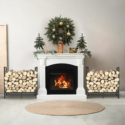 Built Tough Heavy Duty Firewood Rack For Indoor And Outdoor Use 2ft Log Storage Holder beside fireplace with holiday decor