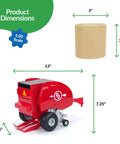 Red Round Baler Toy For 1to20 Scale Farm Playset shown with dimensions and included 3-inch hay bale model.